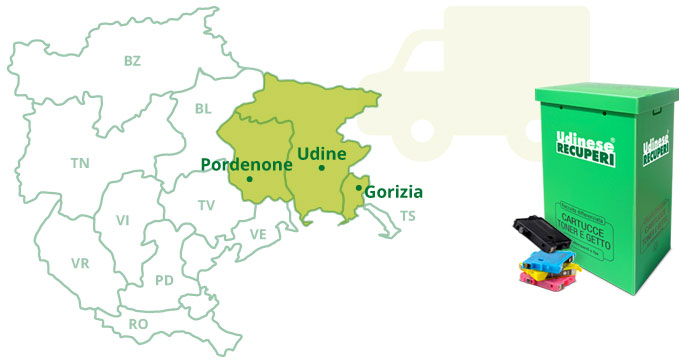 copertura ritiro toner e cartucce stampanti esauriti a Udine, Pordenone e Gorizia mappa Udinese recuperi dove operiamo